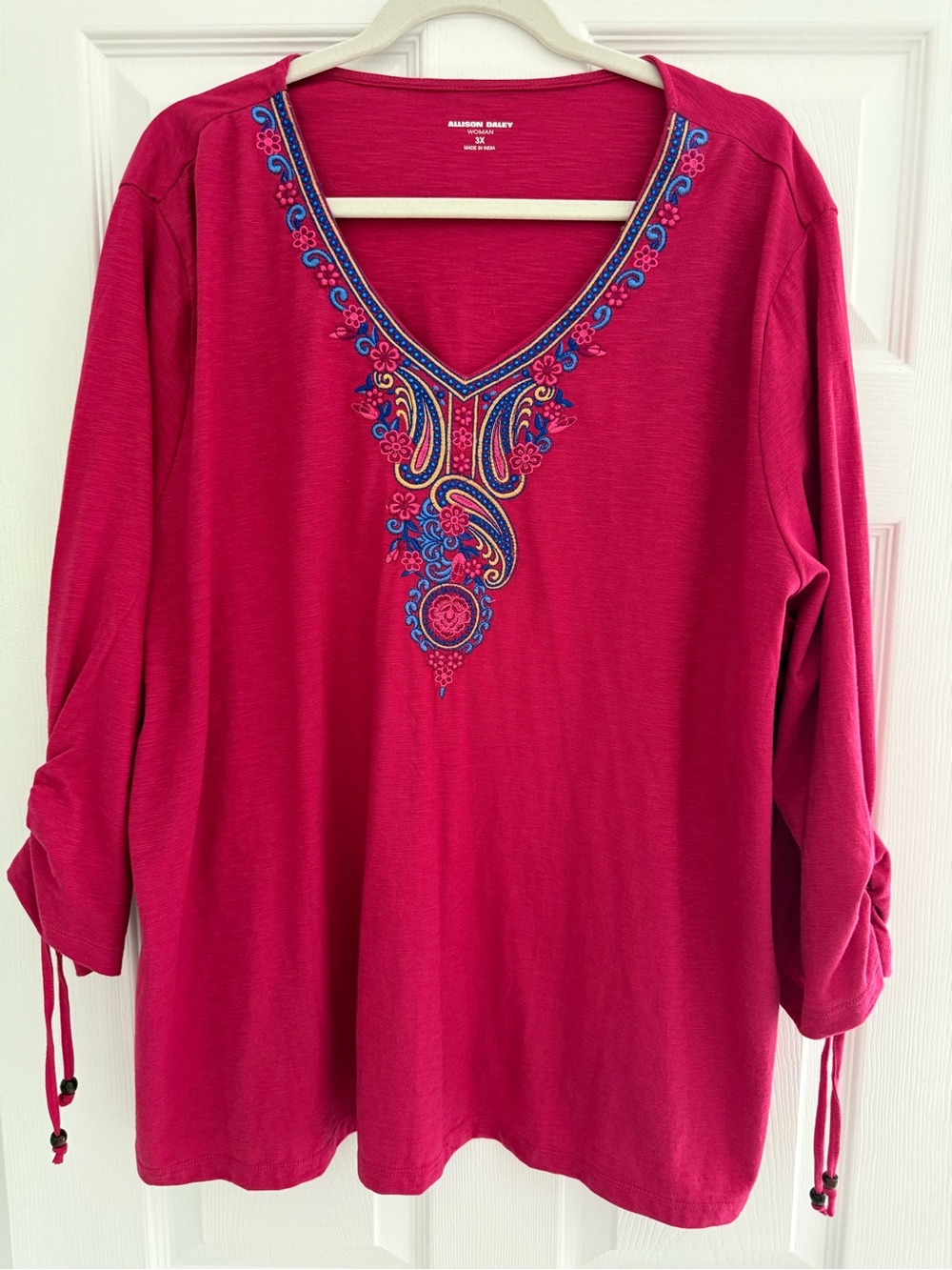 Allison Daley Fuchsia V-Neck Tunic with Blue & Gold Embroidery